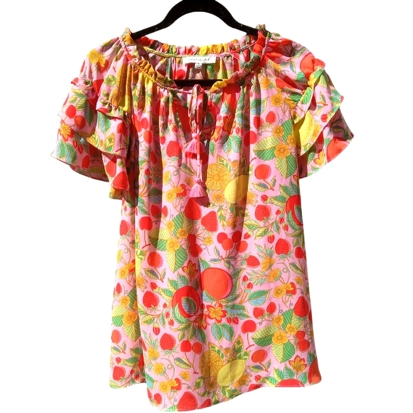 Rose+Olive Women's 1X Fruit/Floral Pattern Sheer Blouse Colorful Ruffle Sleeves - Picture 1 of 7